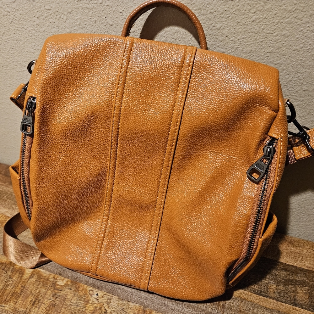 Brown backpack purse two side zippers